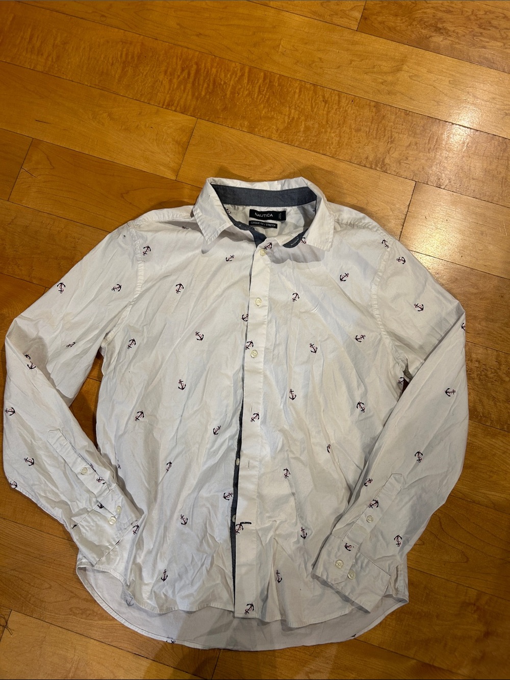 Nautica White Button-Down Shirt with Navy Anchor Embroidery